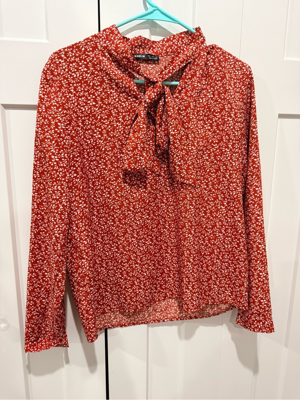 SHEIN Red and White Tie-Neck Long Sleeve Blouse